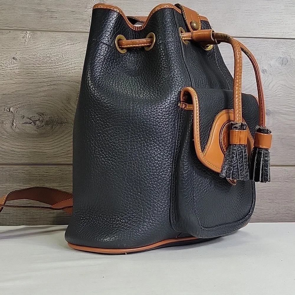 Vintage Dooney & Bourke Black and Tan Pebble  Leather Drawstring Bag